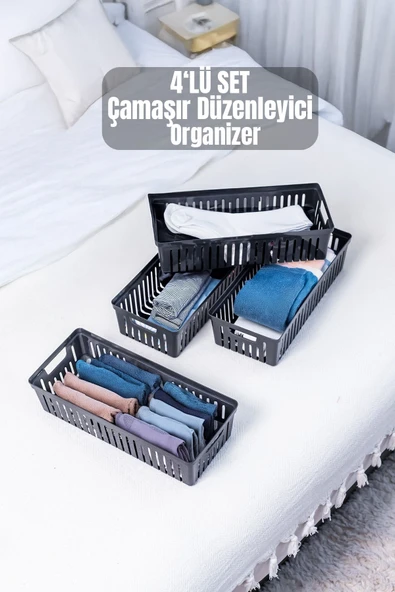 Metsar Home 4'Lü Siyah Çekmece İçi Çok Amaçlı Düzenleyici,Organizer,İç Çamaşırı, Çorap Organizeri ürün görseli 1