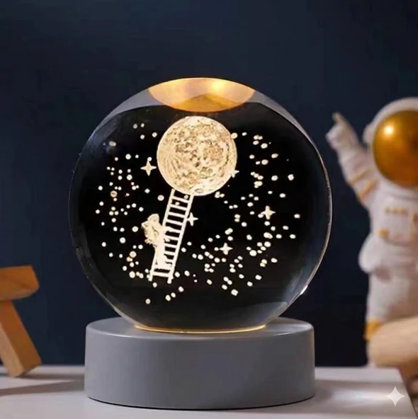 Aya Merdivenle Tırmanan Astronot Lazer İşlemeli Kristal Küre - Işıklı Masa Üstü Dekoratif Gece Lambası, Uzay Temalı Astronot Tasarımlı 3D Lazer Kristal Küre ürün görseli 1