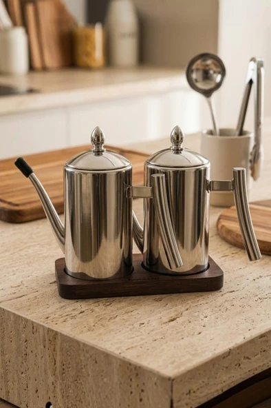 Atbyhome 2'Li Çelik 3 Parça 500ml Standlı Çok Amaçlı Demlik Yağlık Yağdanlık Seti ürün görseli 1
