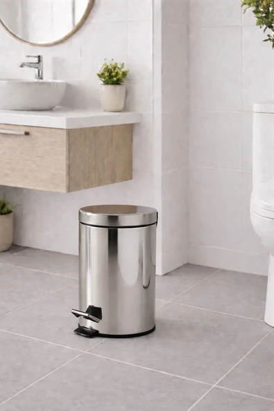 Krom 8 Lt Pedallı Paslanmaz Metal Banyo, Tuvalet, Mutfak ve Ofis Çöp Kovası Titan 7008 ürün görseli 1