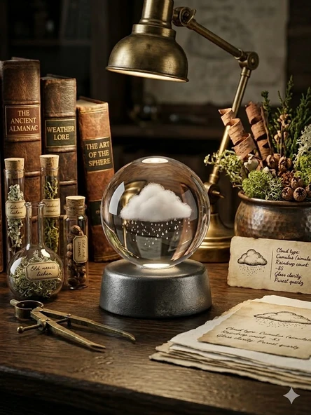 3D Lazer İşlemeli Yağmur Bulutu Kristal Küre - Vintage,- Masa Üstü Kitaplık Aksesuarı ve Hediye Gece Lambası,Yağmur bulutu, bulut figürü, doğa temalı dekor, huzur veren hediyeler. ürün görseli 1