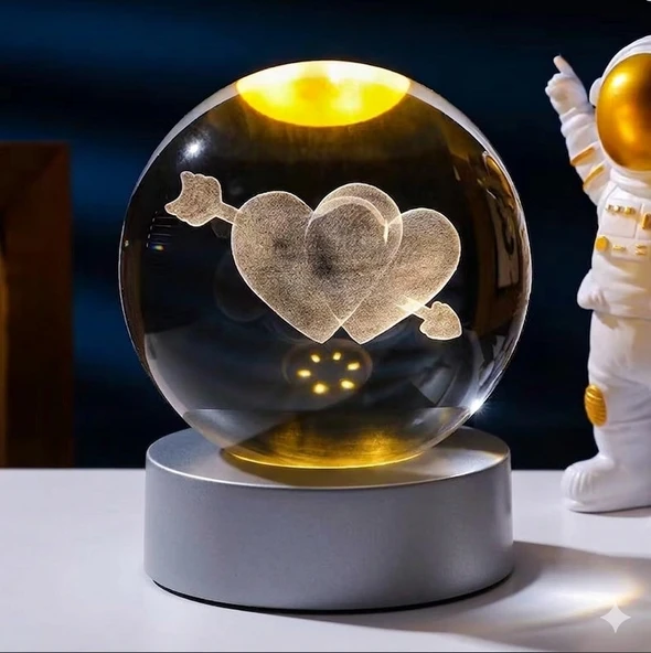 Sevgiliye Hediye Oklu Çift Kalp 3D Lazer Kristal Küre - Hologram,Romantik Çift Kalp Tasarımlı Cam Küre - 3D Lazer İşlemeli Işıklı Sevgililer Günü Hediyesi, ürün görseli 1