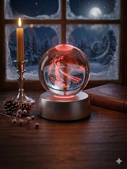 Masalsı Peri Tasarımlı 3D Lazer İşlemeli Kristal Küre, Hologram Cam Küre, Büyülü Peri Figürlü Cam Küre, Hediye ürün görseli 1