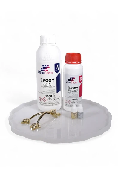 stonechem Epoksi Reçine 1,5 kg - 33,5 cm Tırtıklı Tepsi Kalıbı - Gümüş&Gold Sim - Çelik Gold Zamak Kulp ürün görseli 1