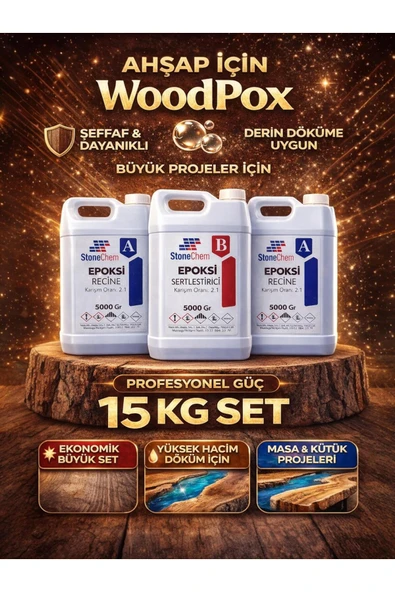 stonechem Woodpox 15kg Ahşap Şeffaf Epoksi Reçine (YÜKSEK DÖKÜM) 3 Cm Sürpriz Hediye ürün görseli 1