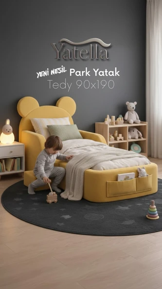YATELLA Luxury Tedyy Baza ve Başlıklı Montessori Full Sünger Yatak Seti 90 x 190 Sarı ürün görseli 1