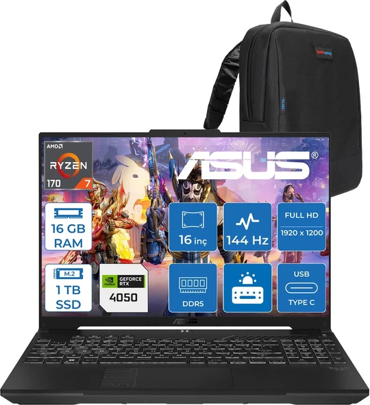 Asus Tuf Gaming A16 (FA607NUQ-GAMING) Amd Ryzen™ 7 170 16GB Ddr5 1tb SSD RTX4050/6GB 140W 16″/fhd+ 16:10 (1920 x 1200, Wuxga) 300 Nits, 144Hz, Freedos Taşınabilir Bilgisayar RL028F03+ZETTAÇANTA ürün görseli 1
