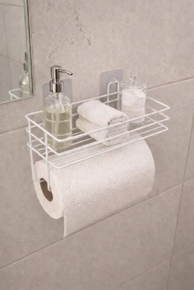 Yapışkanlı Raflı Kağıt Rulo Havluluk Peçetelik Havlu Kağıtlık Beyaz Banyo Mutfak Düzenleyici Raf SHR-01 ürün görseli 1