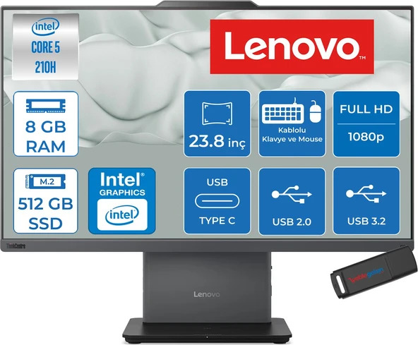 Lenovo Neo 50A Thinkcentre Intel Core 5 210H 4.8ghz 8gb 512GB SSD Intel Graphics 23.8" Fhd IPS 250NITS 99% Srgb Freedos All In One Bilgisayar 12SC004VTRP59 + Zettausb ürün görseli 1
