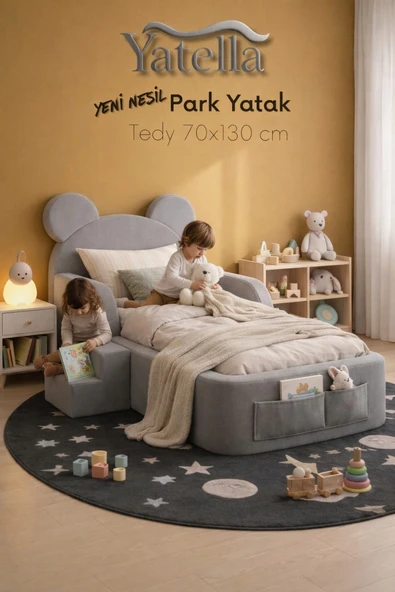 YATELLA  Luxury Tedyy Baza ve Başlıklı Montessori Full Sünger Yatak Seti 70 x 130 Gri ürün görseli 1