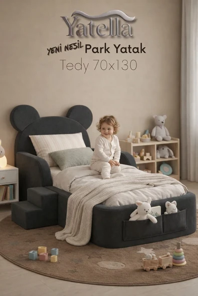 YATELLA  Luxury Tedyy Baza ve Başlıklı Montessori Full Sünger Yatak Seti 70 x 130 Antrasit ürün görseli 1