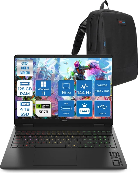Hp Omen 16-AM0031NT Intel Core I9 14900HX 128GB Ddr5 4tb SSD RTX5070 8gb Gddr7 Windows 11 Pro 16 Inç Wuxga (1920X1200) 144Hz 300NITS IPS Taşınabilir Bilgisayar C39J4EAP52 + Zetta Çanta ürün görseli 1