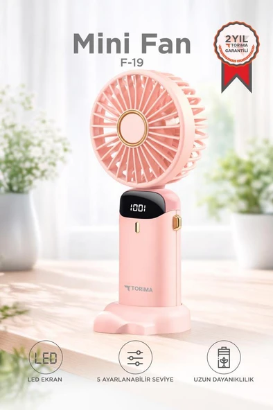 Şarjlı Masaüstü Vantilatör Dijital Göstergeli 90 Derece Katlanabilir Mini Fan F19 Pembe ürün görseli 1