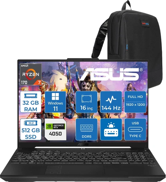 Asus Tuf Gaming A16 (FA607NUQ-GAMING) Amd Ryzen™ 7 170 32GB Ddr5 512GB SSD RTX4050/6GB 140W 16″/fhd+ 16:10 (1920 x 1200, Wuxga) 300 Nits, 144Hz, WIN11PRO Taşınabilir Bilgisayar RL028P12+ZETTAÇANTA ürün görseli 1