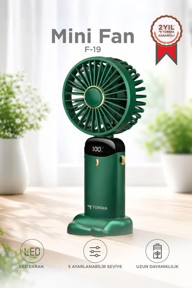 Şarjlı Masaüstü Vantilatör Dijital Göstergeli 90 Derece Katlanabilir Mini Fan F19 Yeşil ürün görseli 1