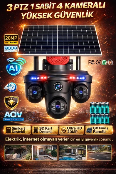 Provzen FX-6015 4 Kameralı (3 PTZ + 1 Sabit) 20MP 4G SIM Kartlı Güneş Enerjili Akıllı Güvenlik Kamerası | Full Color Gece Görüş + AOV Kayıt ürün görseli 1