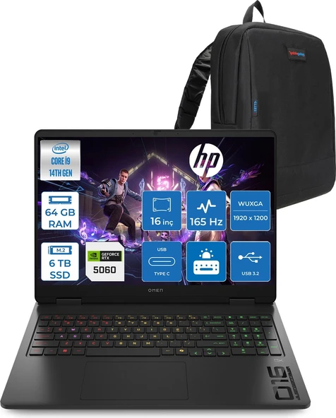 Hp Omen 16-AM0007NT Intel Core I9 14900HX 64GB Ddr5 6tb SSD RTX5060 8gb Gddr7 Freedos 16 Inç IPS Wuxga (1920X1200) 165Hz 3ms 400NITS 100% Srgb Taşınabilir Bilgisayar WBQ3Q8EAF35 + Zetta Çanta ürün görseli 1