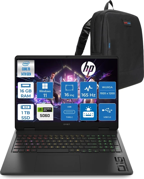 Hp Omen 16-AM0007NT Intel Core I9 14900HX 16GB Ddr5 1tb SSD RTX5060 8gb Gddr7 Windows 11 Home 16 Inç IPS Wuxga (1920X1200) 165Hz 3ms 400NITS 100% Srgb Taşınabilir Bilgisayar WBQ3Q8EAH02 + Zetta Çanta ürün görseli 1