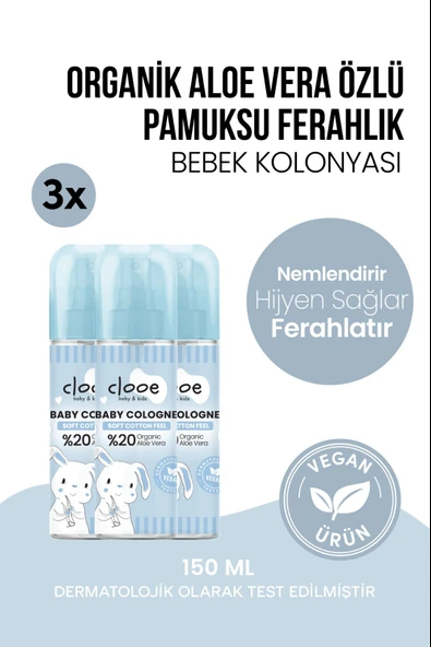 Taze Pamuksu Kokulu Hassas Cilt Uyumlu Organik Aloe Vera İçerikli 3’lü Avantajlı Bebek Kolonyası Seti 3x150 ml ürün görseli 1