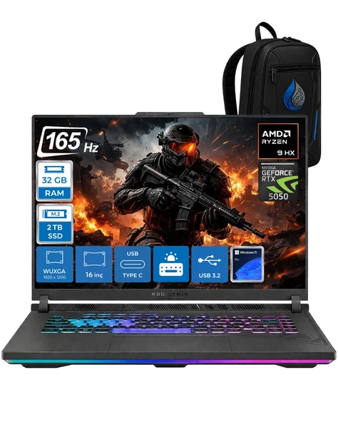 Rog Strix G16 G614PH Amd Ryzen 9 8940HX Aı 32 GB RAM 2 TB SSD 8GB/RTX5050 Gddr7 115W 16" Wuxga 165Hz 300Nits WİN11Pro Gaming Laptop G614PH-RV036RNP11+ÇANTA ürün görseli 1