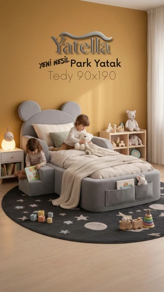 YATELLA  Luxury Tedyy Baza ve Başlıklı Montessori Full Sünger Yatak Seti 90 x 190 Gri ürün görseli 1