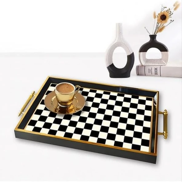 Çay Kahve Tepsisi Modern Dekoratif Sunum Tepsisi Siyah Beyaz Ahşap Dama Desenli - 45x28 Cm Ahşap - Siyah ürün görseli 1