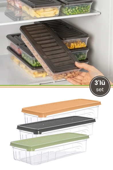 3’lü Sığ Buzdolabı Düzenleyici Set, Buzluk Derin Dondurucu Buzdolabı İnce Saklama Kabı 3x1300ml ürün görseli 1