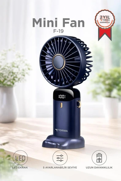 Şarjlı Masaüstü Vantilatör Dijital Göstergeli 90 Derece Katlanabilir Mini Fan F19 Lacivert ürün görseli 1