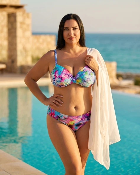 Büyük Beden Kaplı Telli Çiçek Desenli Çapraz Göğüs Tasarımlı Ayarlanabilir Askılı Kadın Bikini Takımı ürün görseli 1