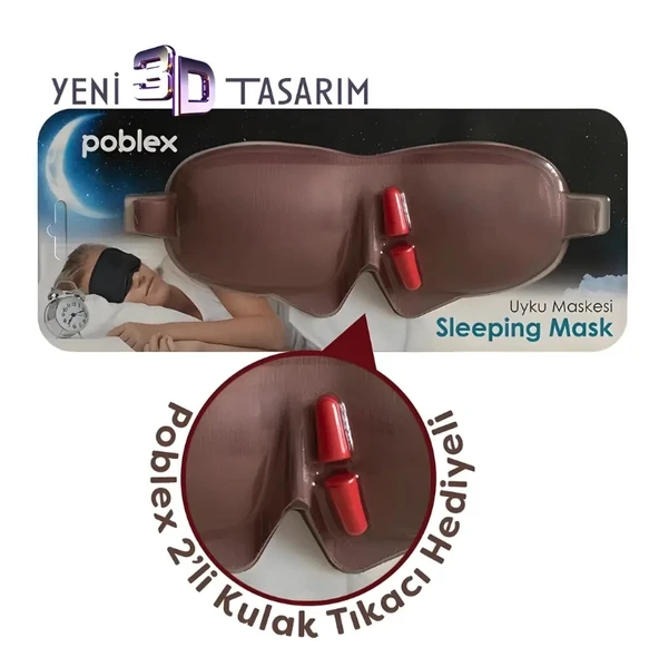 Poblex 3D Uyku Maskesi Kahve Rengi + Kulak Tıkacı ürün görseli 1
