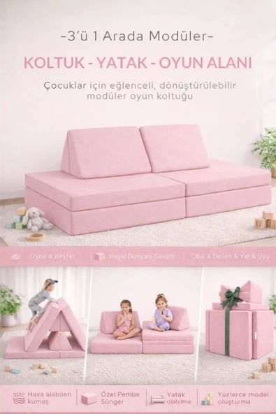 YATELLA 4 Parça Katlanabilir Çocuk Koltuğu | Yatak & Minder – Çok Amaçlı Modüler Tasarım - PEMBE ürün görseli 1