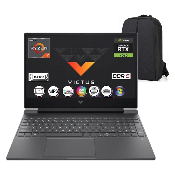 Victus Amd Ryzen 7-8845HS 16GB 512GB SSD Nvidia RTX4060 8gb 15.6" Windows 11 Pro Fhd 144Hz Gaming +Snertech Çanta ürün görseli 1