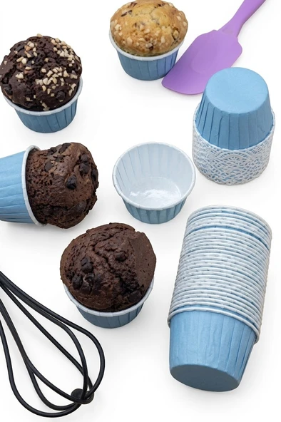 ŞeyliŞeyler - 50'li Muffin Kek Kağıdı Kapsülü - Kraft & Mavi Cupcake Kalıbı ürün görseli 1
