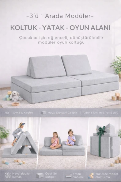 YATELLA 4 Parça Katlanabilir Çocuk Koltuğu | Yatak & Minder – Çok Amaçlı Modüler Tasarım - GRİ ürün görseli 1