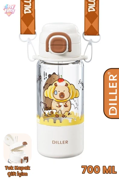 DILLER 700 ML Pipetli & Rahat İçim Çift Kullanım Tritan Su matarası Askılı Bardaklı Suluk D2560 ürün görseli 1