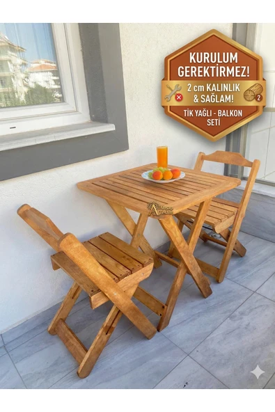 Ahşap Teslim Masif Ahşap Katlanır Bahçe Balkon Masası ve 2 Sandalye Seti - Dış Mekan Mutfak Takımı ürün görseli 1