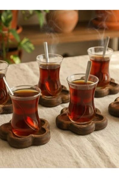 Ahşap Teslim Çiçek Formlu Doğal Ahşap Çay Bardak Altlığı 6'lı Set-Ceviz Rengi ürün görseli 1