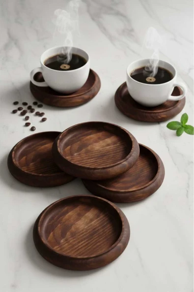 Ahşap Teslim Modern Ahşap Kahve Sunum Altlığı 6'lı Set - Dekoratif Bardak Altlığı 6'lı Ceviz ürün görseli 1
