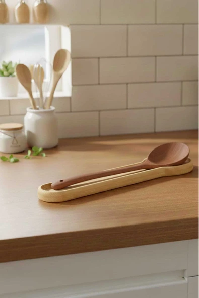 Ahşap Teslim Doğal Ahşap Kaşık Altlığı - Tezgah Üstü Tekli Kaşıklık ve Mutfak Gereç Düzenleyici Bej (29CMX7CM) ürün görseli 1