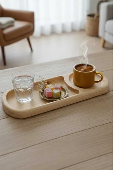 Ahşap Teslim Ahşap Sunum Tepsisi , Çay - Kahve Tepsisi , Dekoratif Sunumluk - Bej Rengi ürün görseli 1