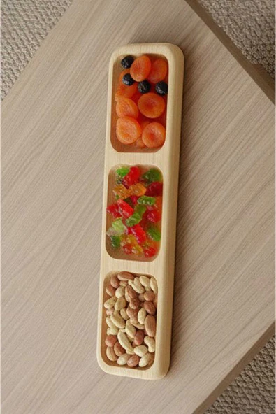 Ahşap Teslim Doğal Ahşap Dekoratif Sunumluk 3 Bölmeli Çerezlik (BEJ) ürün görseli 1
