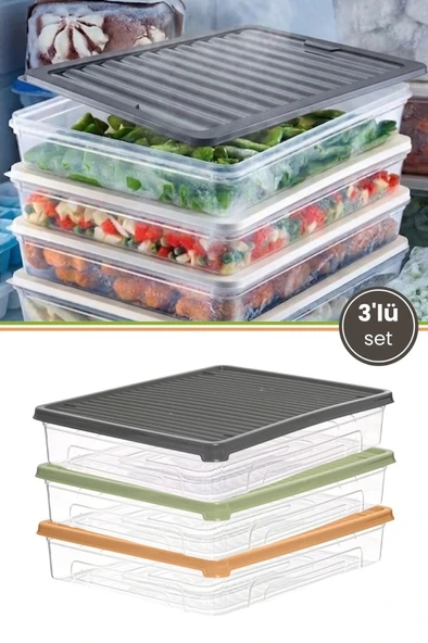 3’lü Geniş Buzdolabı Düzenleyici Set, Buzluk Derin Dondurucu Buzdolabı İnce Saklama Kabı 3x3100ml ürün görseli 1