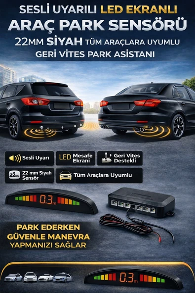 Araç Geri Vites Park Sensörü LED Göstergeli Sesli Uyarılı 22mm Siyah Tüm Araçlara Uyumlu ürün görseli 1