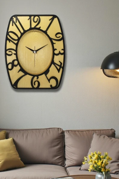usin Hediyelik Dekoratif Ahşap Görünümlü Gold Dikdörtgen Salon Büro İş yeri Mutfak Duvar Saati 35*30 CM ürün görseli 1