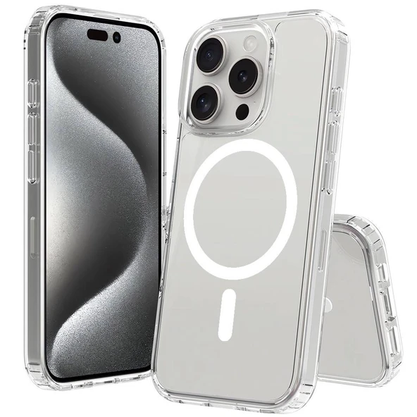 Apple iPhone 16 Pro Max Kılıf M-safe Şarj Özellikli Şeffaf Sert PC Zore Embos Kapak ürün görseli 1
