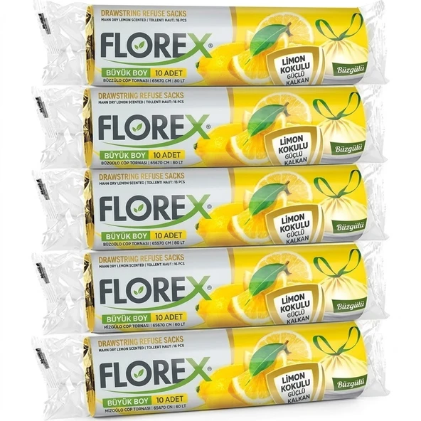 ŞeyliŞeyler - Florex Büzgülü Büyük Boy Çöp Torbası Limon Kokulu 65x70 cm 10 Paket ürün görseli 1