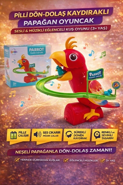 Pilli Dön-Dolaş Kaydıraklı Papağan Oyuncak Sesli & Müzikli Eğlenceli Kuş Oyunu (3+ Yaş) ürün görseli 1
