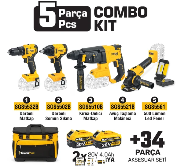 SGS5451 COMBO SET 5 PARÇA (Darbeli Matkap/Kırıcı-Delici Matkap/Avuç Taslama Makinesi/Darbeli Somun Sıkma/Led Fener) ürün görseli 1