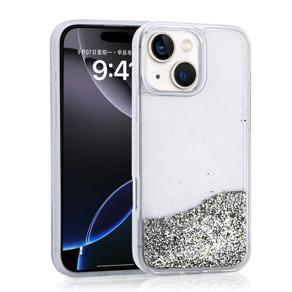 Apple iPhone 14 Kılıf Sıvılı Simli Şeffaf Arka Yüzey Zore Keto Silikon Kapak ürün görseli 1
