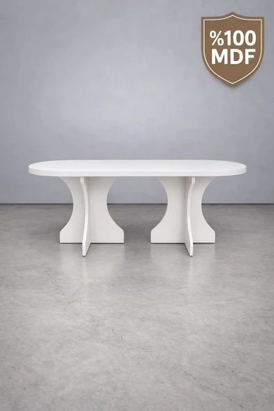MOBİLYACIN Oval Salon Yemek Masası Kemer Ayak 36mm Kalın Kenarlı 180x90 -Beyaz ürün görseli 1